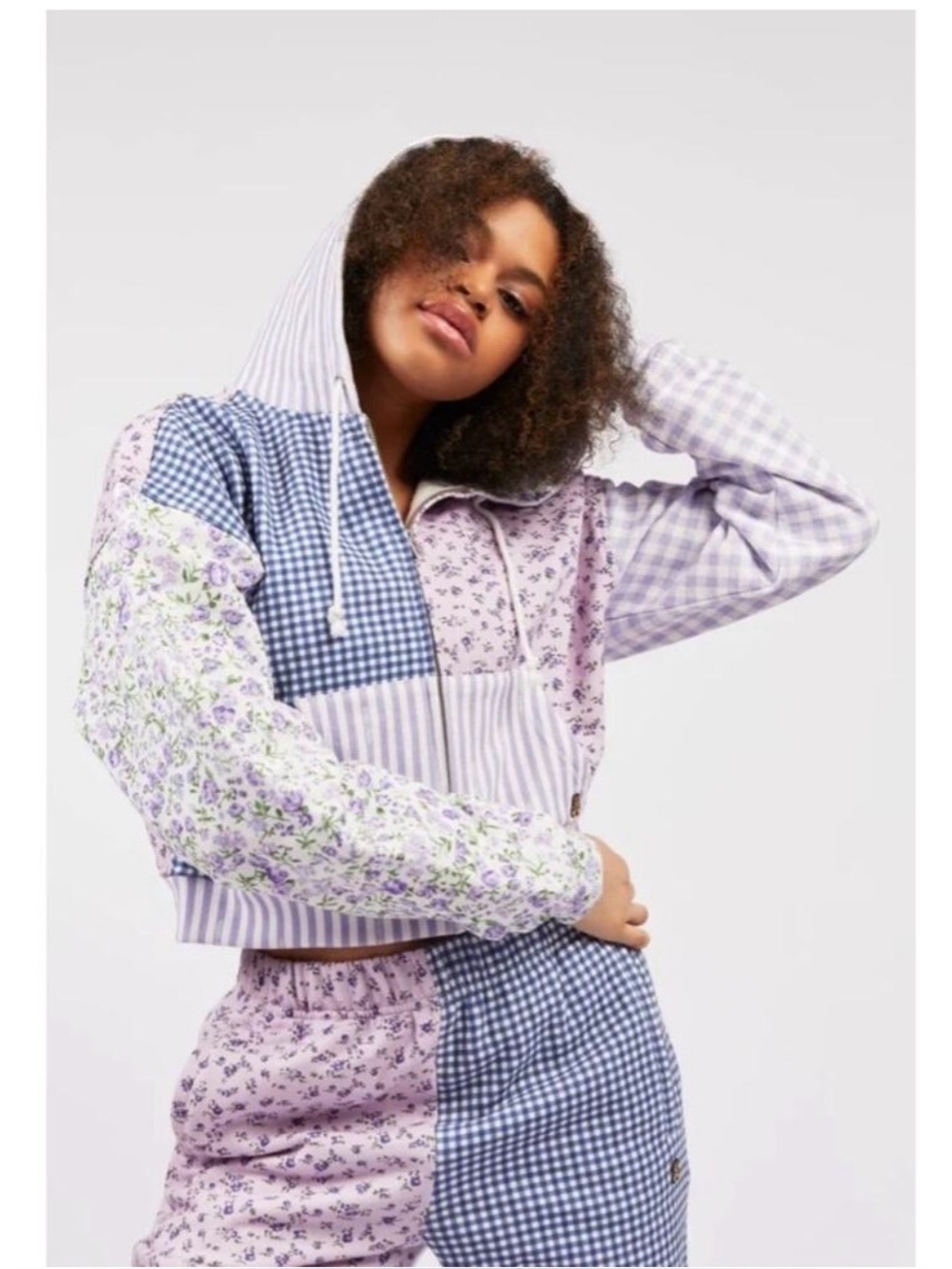 Teddy Fresh Lavender Floral Print Gingham Stripe Patchwork Zip-Up Hoodie Size L